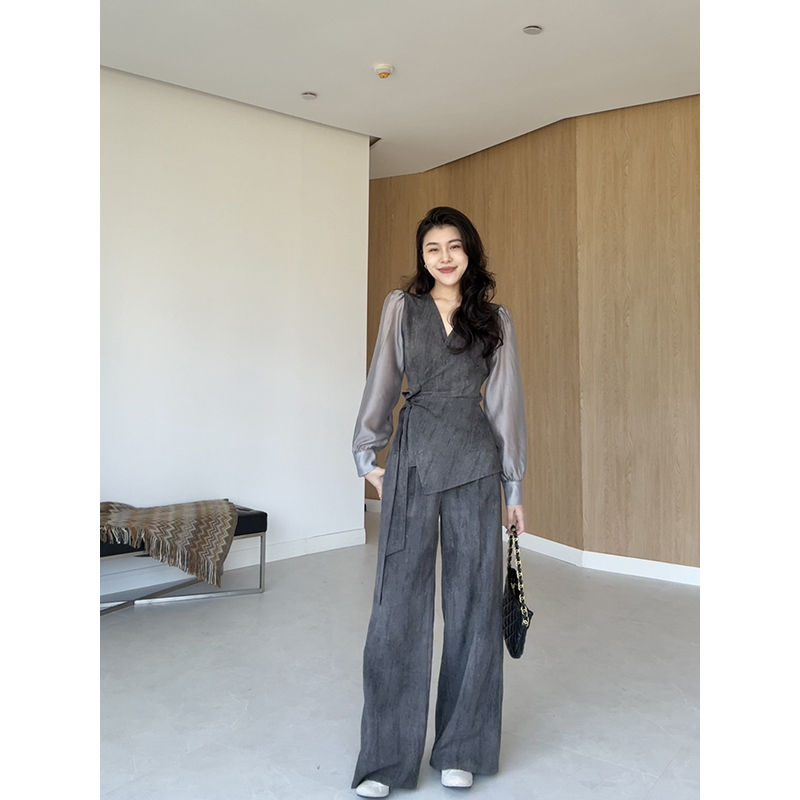 张阿星【高质感套装】轻熟风透气通勤设计感斜收腰上衣+垂感阔腿裤