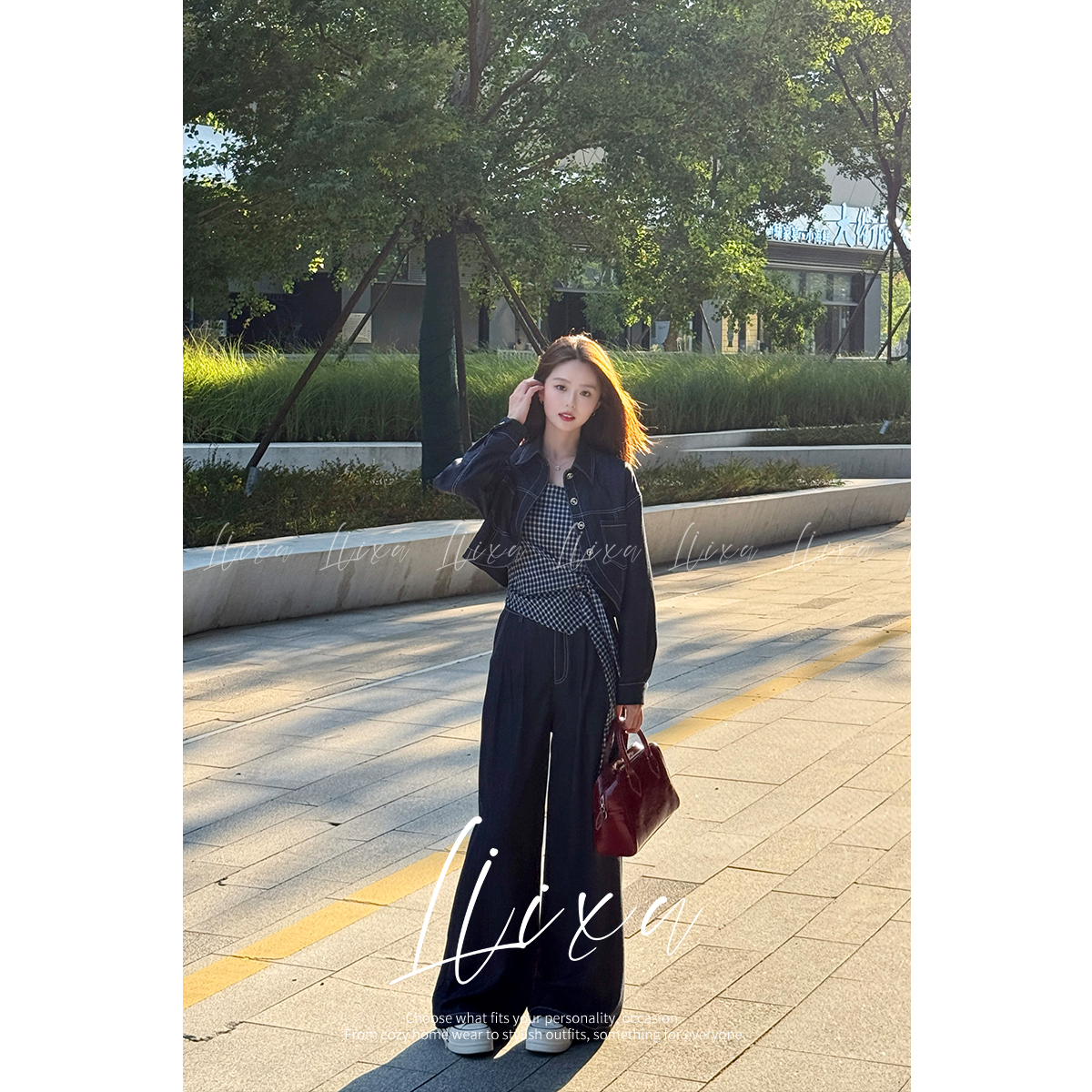 【雨薇】秋季新款外套格子绑带配高腰阔腿裤三件套Y53TZM9038