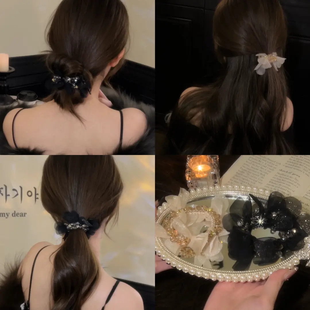 韩国轻奢贵气高级感欧根纱串珠发圈秋冬气质高弹力马尾头绳盘发器