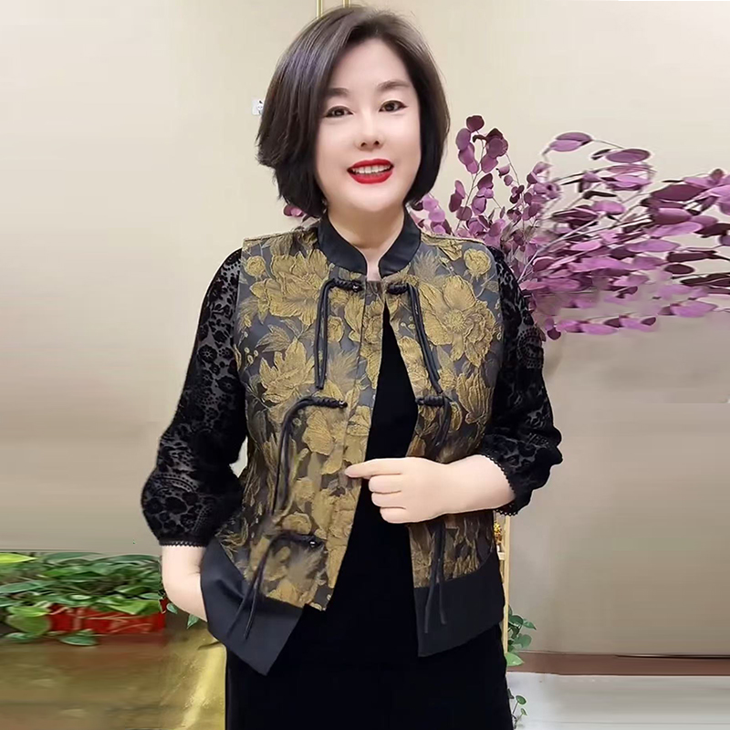时髦马甲国风开衫外套2025春装新款中老年妈妈无袖背心提花马夹女