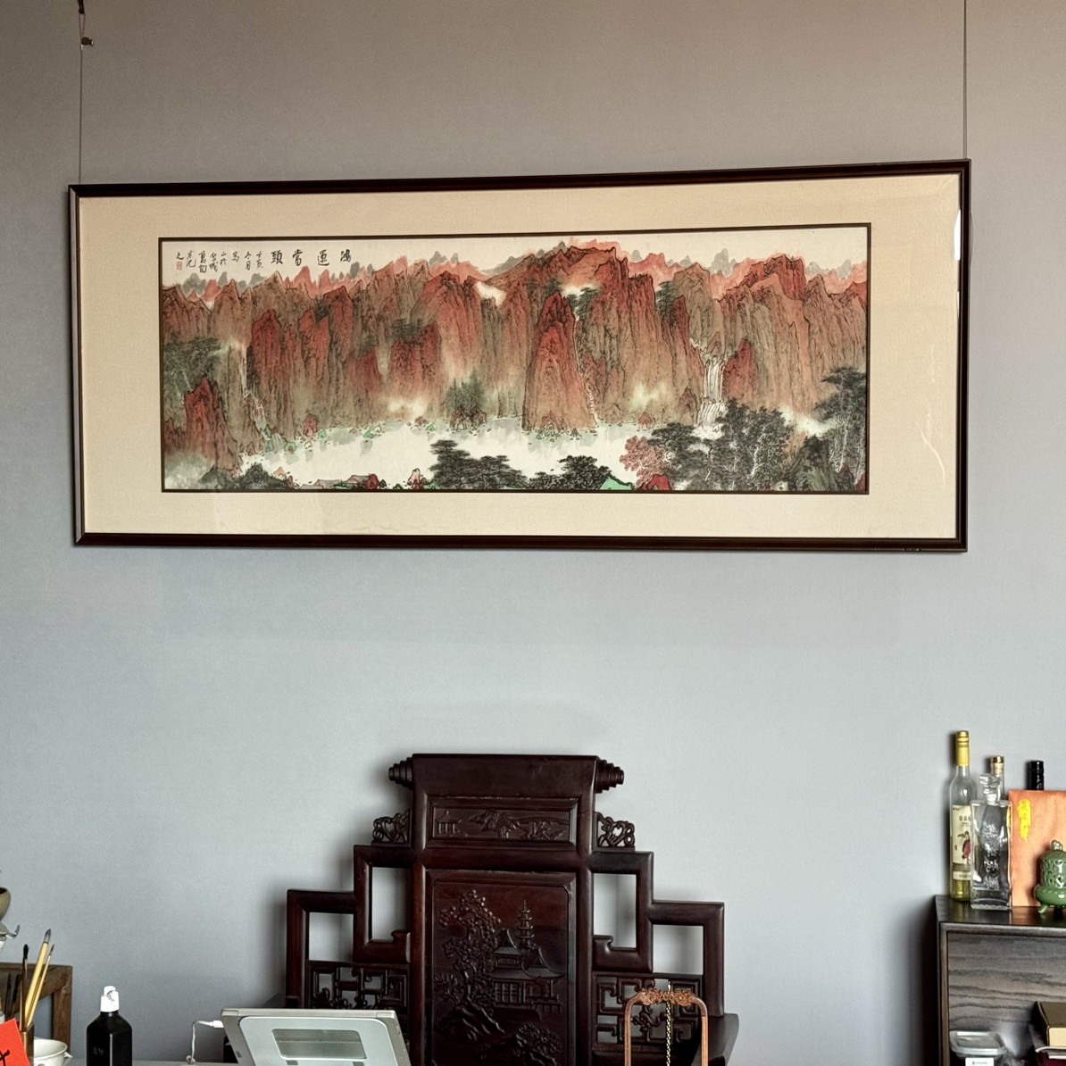 万钧原创鸿运当头山水挂画办公室客厅实木老板事业靠山