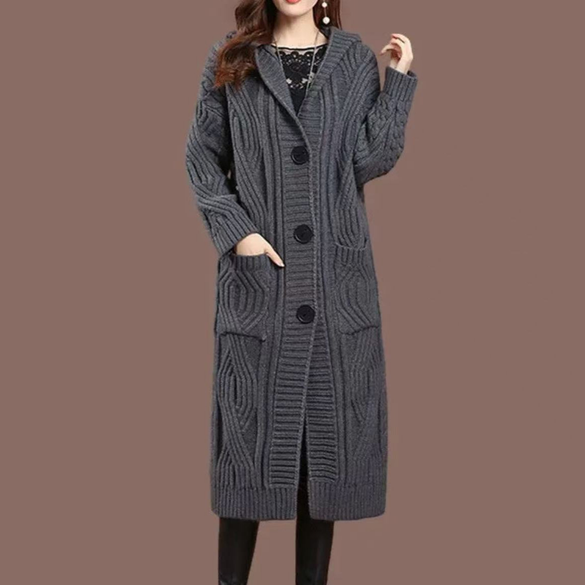 连帽加厚针织衫女开衫外搭中长款过膝宽松毛衣外套女纯色披肩毛衣