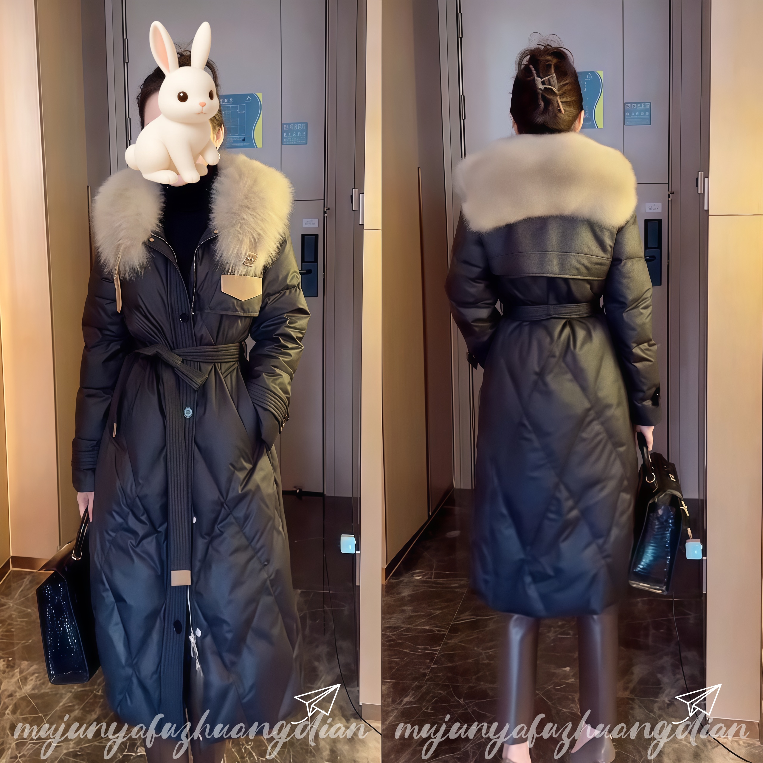 毛毛领压格长款棉服女2025冬季新款时尚百搭保暖网红爆款棉袄上衣