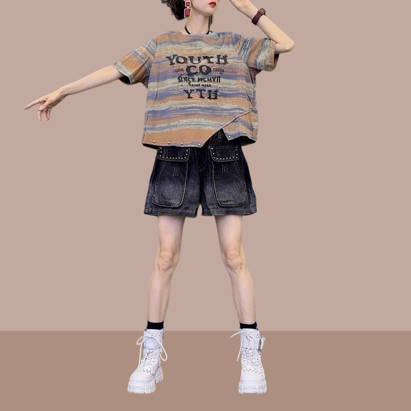 潮流套装女2025年夏季新款不规则扎染短袖t恤水洗牛仔短裤两件套