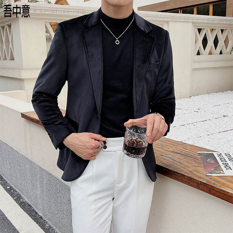 高级感丝绒西装外套男韩版修身秋冬商务时尚百搭保暖亲肤休闲西服