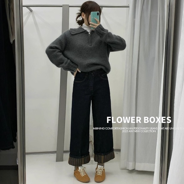 FLOWER花匣子牛仔裤女冬磨毛绒87916复古高腰卷边九分阔腿奶奶裤