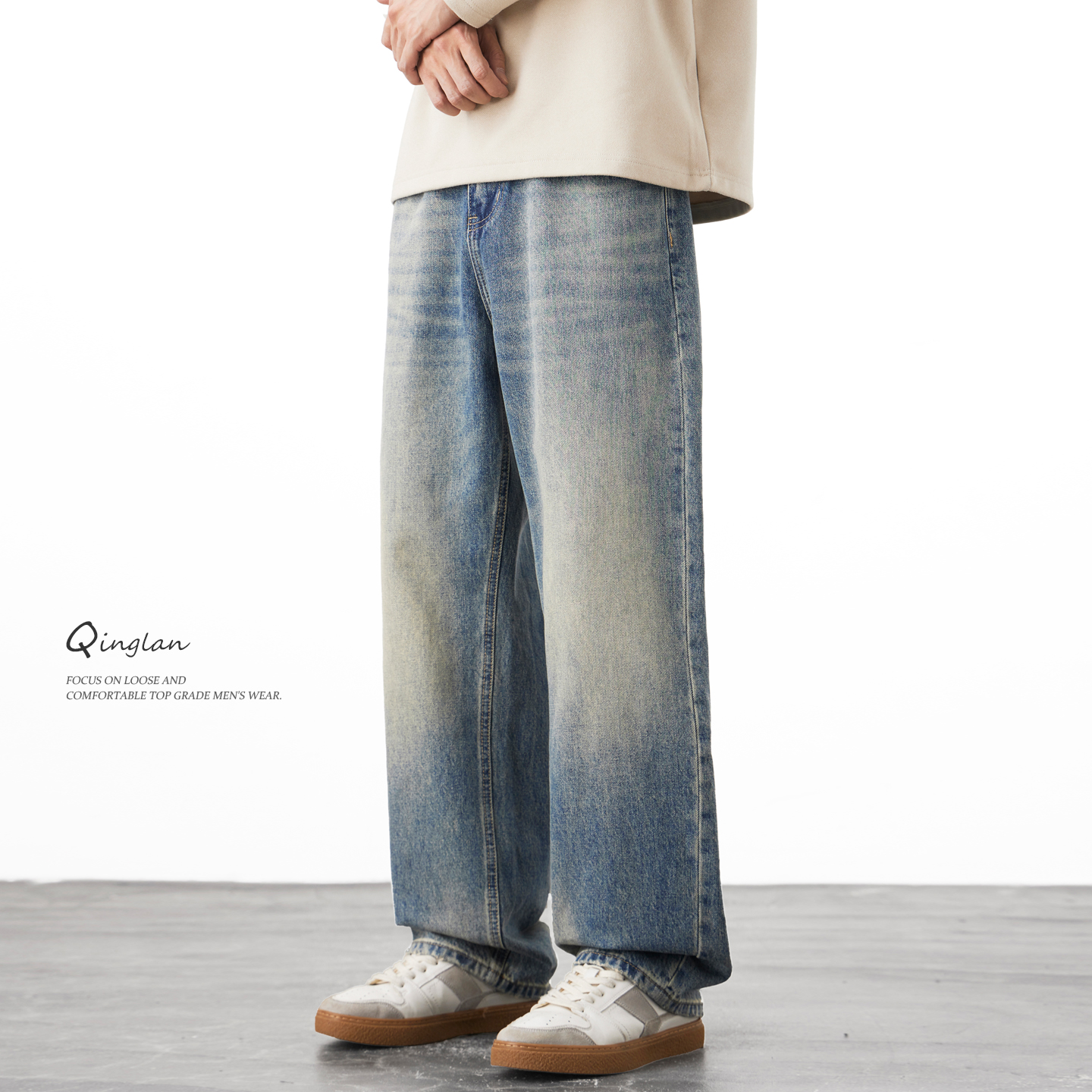 美式复古牛仔裤男直筒宽松阔腿潮牌百搭休闲浅色水洗裤子冬季新款