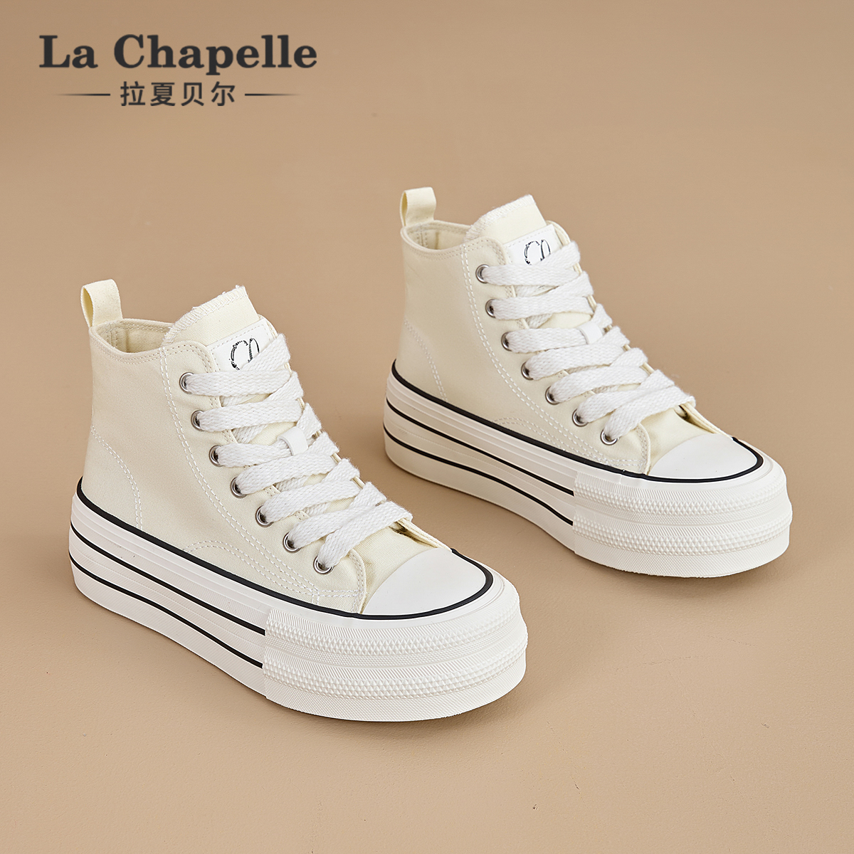 拉夏贝尔高帮帆布鞋女2025年春季新款ins超火厚底百搭休闲小白鞋