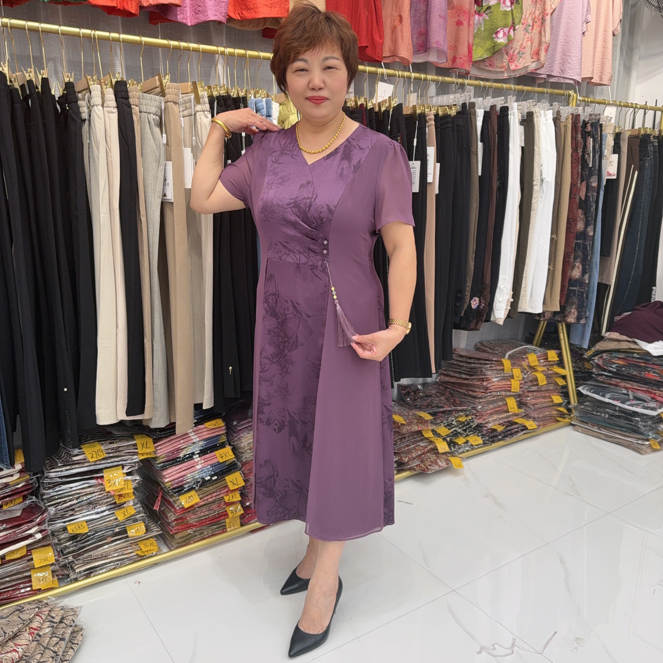 A-32夏季时尚气质国风设计收腰显瘦V领连衣裙