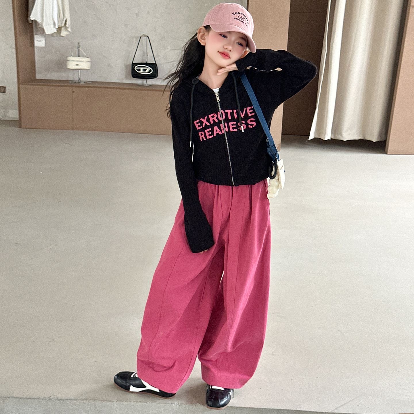 QSC2380女童套装2025新款儿童洋气时髦连帽卫衣外套潮酷两件套