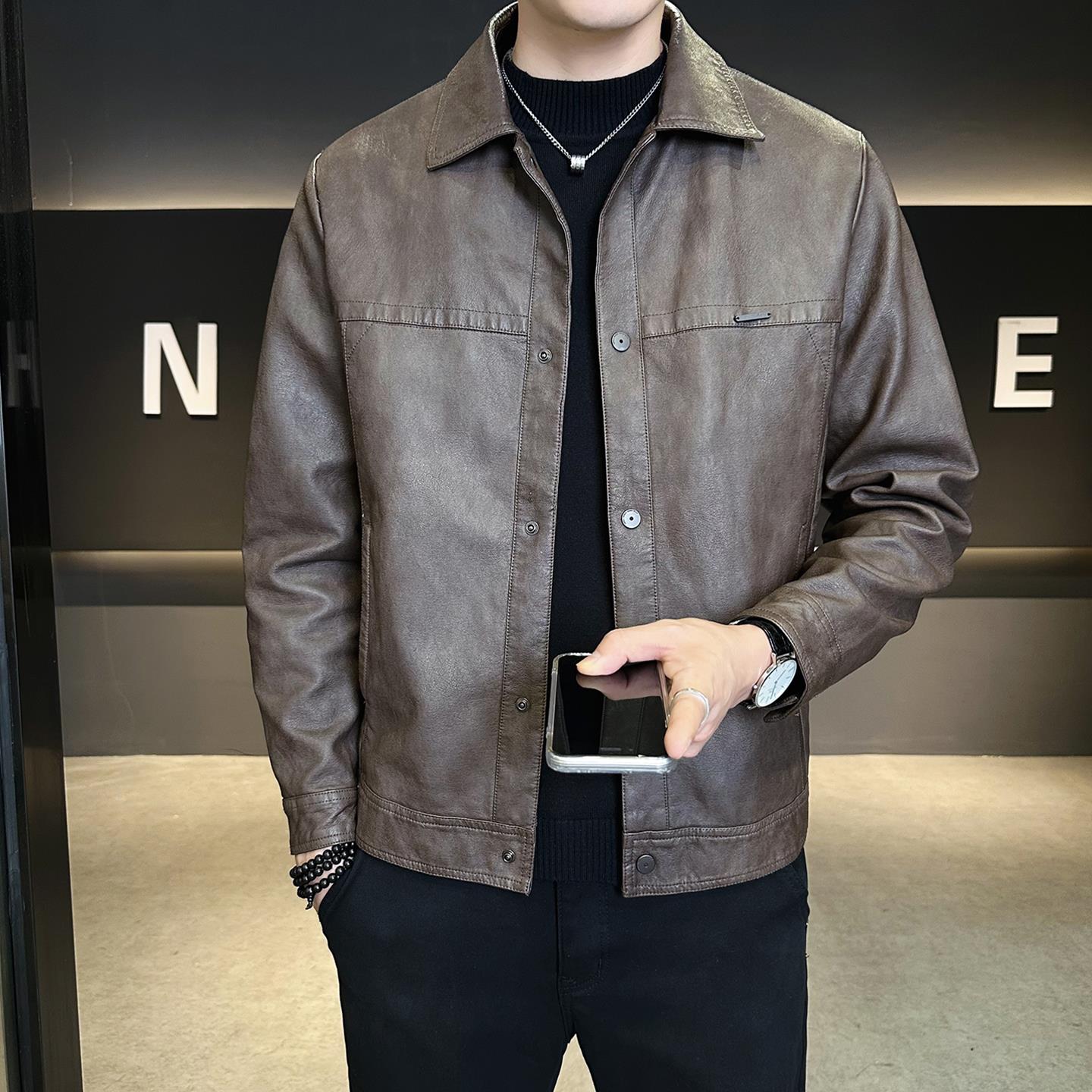 意大利&稻草先生官方正品~男士外套2025秋冬季加绒加厚皮夹克潮牌