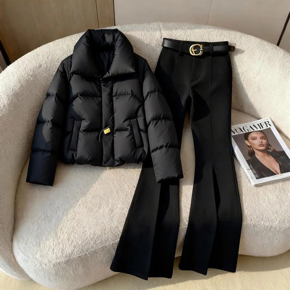 法式轻熟慵懒风ins棉服外套女装秋冬季新款显瘦气质微喇裤两件套