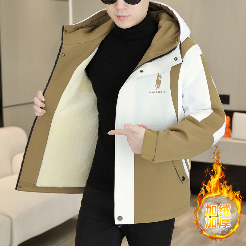 冬季新款连帽派克棉服男士加绒加厚拼接撞色夹克保暖休闲棉衣外套