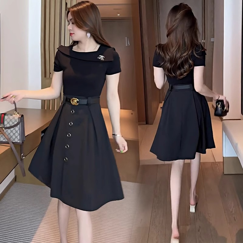 减龄时尚连衣裙女夏季2025新款高级感洋气显瘦收腰假两件短袖裙子