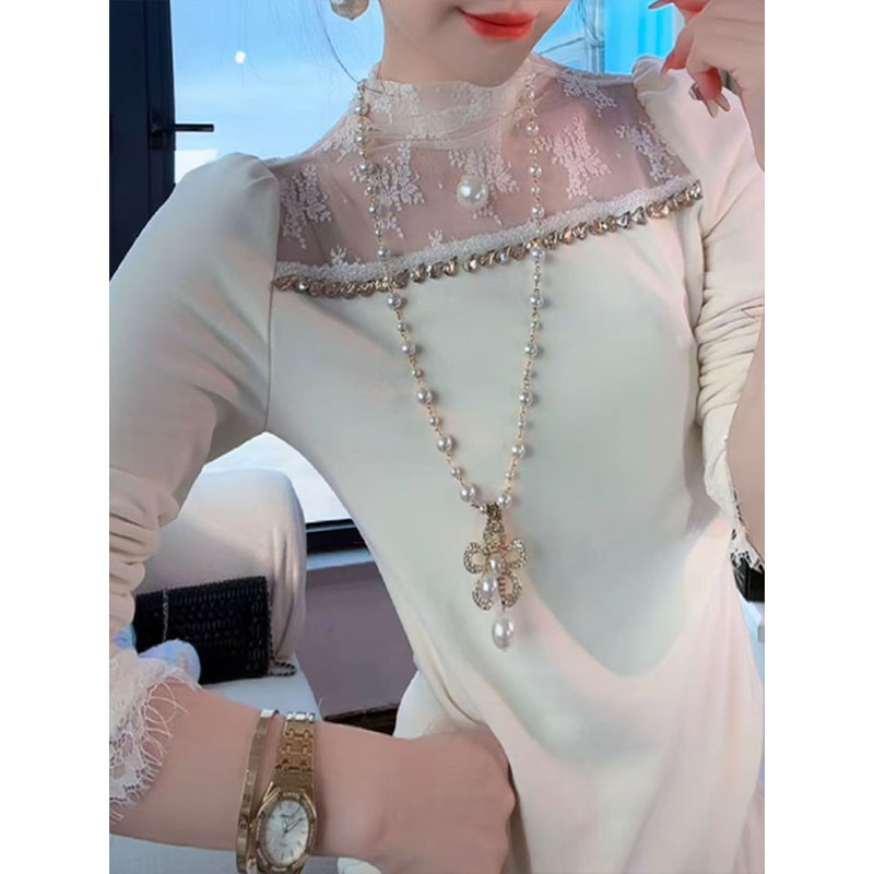 法式千金风蕾丝拼接双面绒打底衫2025冬季新款修身设计感镶钻上衣