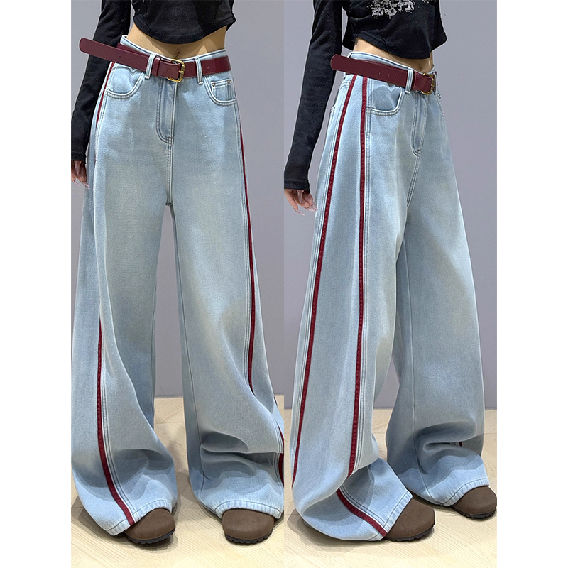 刺绣拼条撞色直筒牛仔裤女秋季新款高腰宽松水洗百搭拖地阔腿裤子
