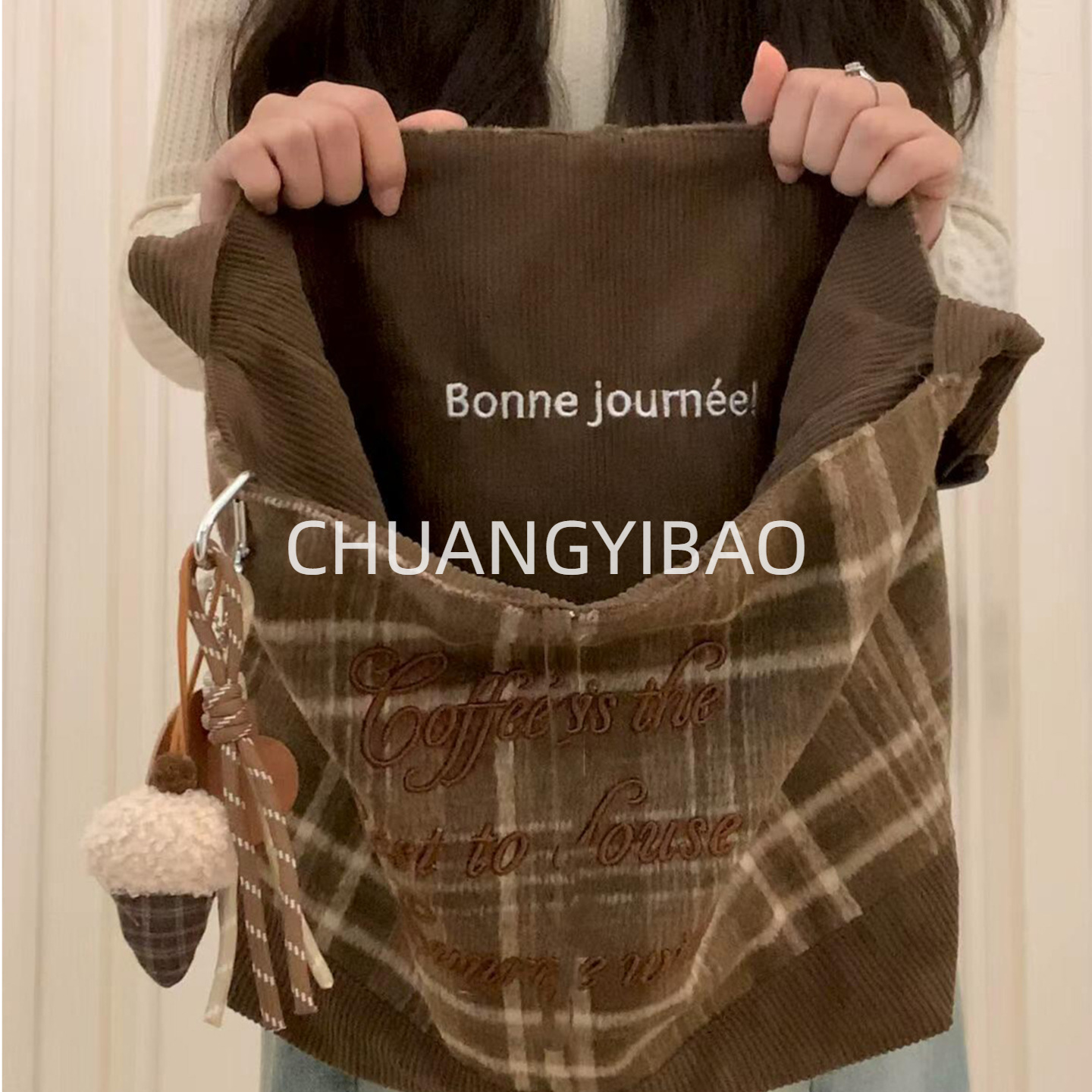 韩系格子灯芯绒包包女2025新款大容量通勤双面可背单肩斜挎托特包