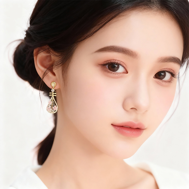 合金合成锆石耳饰 合金【琵琶】高级感镶锆滴油花朵耳钉