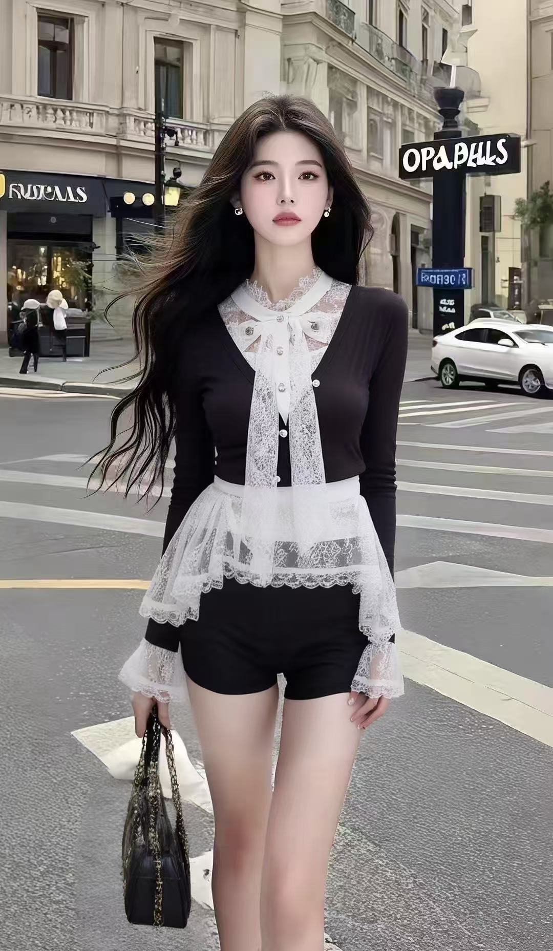 法式小众时尚套装蕾丝拼接不规则长袖修身上衣+黑色高腰短裤套装