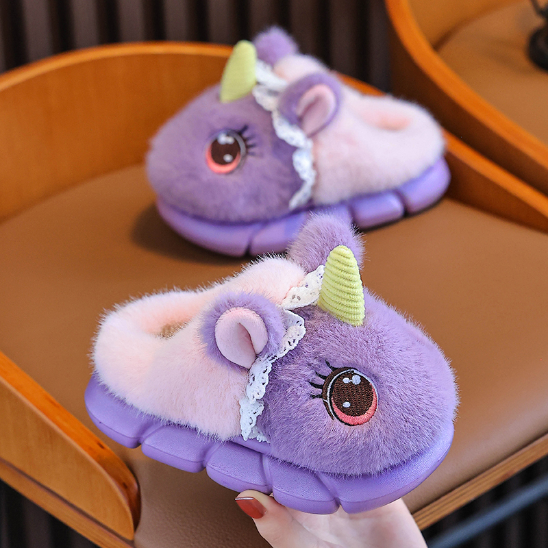 冬季儿童棉拖鞋女童厚底可爱独角兽防滑室内宝宝居家毛毛拖鞋女孩
