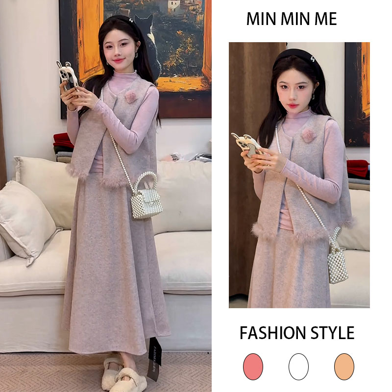 2025秋冬季新款洋气气质修身无袖马甲内搭打底衫休闲半身裙三件套