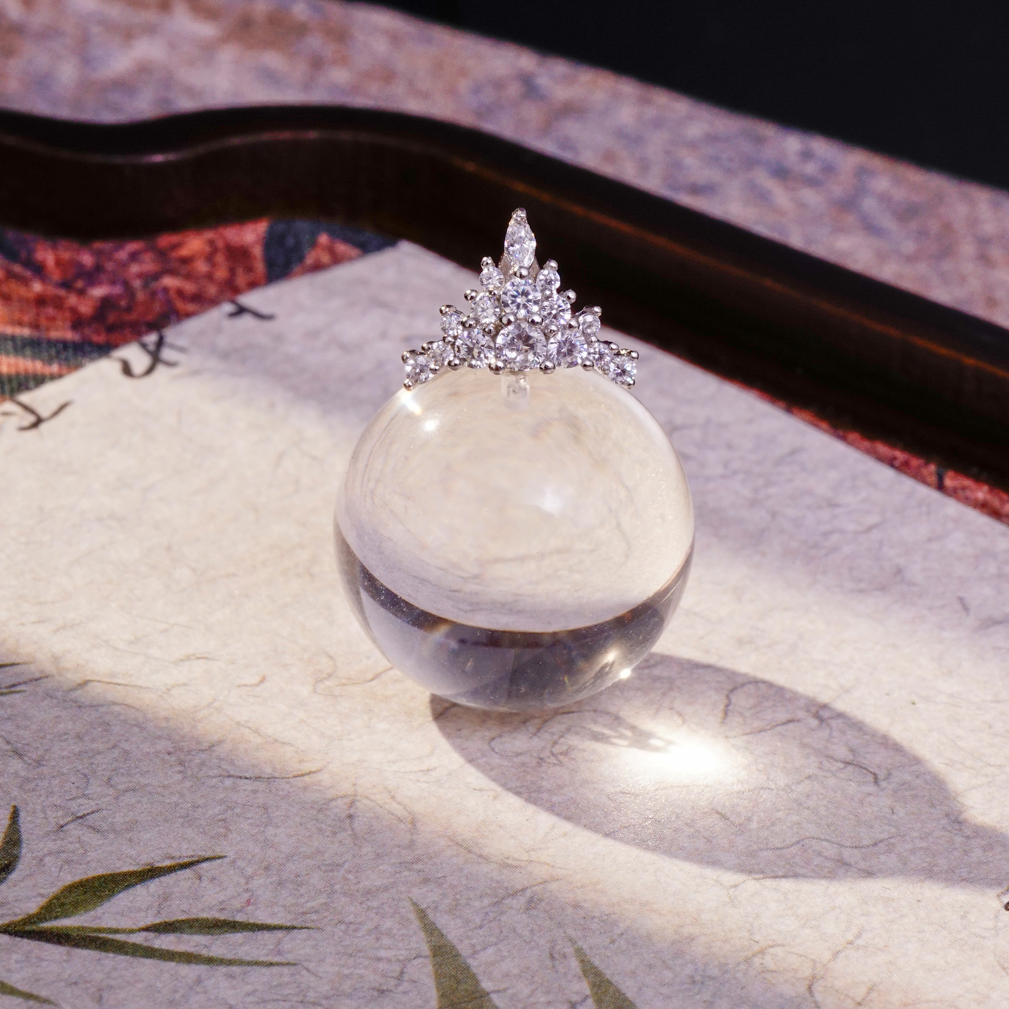 天然白水晶圆珠原创银镶吊坠17-18mm