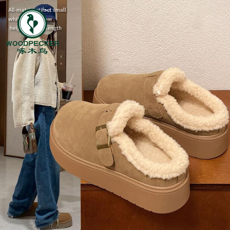 啄木鸟厚底勃肯鞋半拖女外穿2025冬季新款加绒增高软底毛毛鞋拖鞋