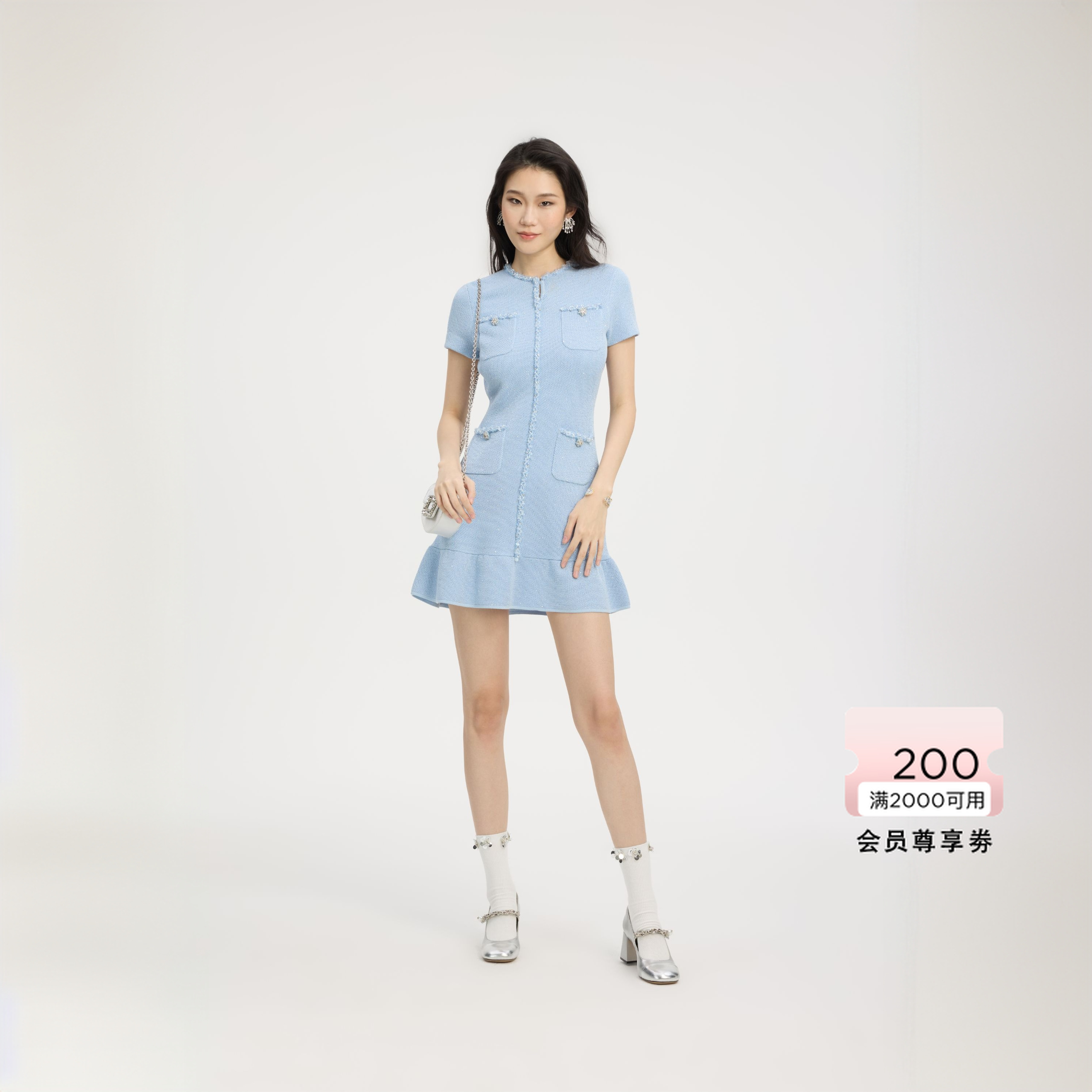bebe2025夏季新款海盐蓝鱼尾短袖针织连衣裙230907早秋穿搭