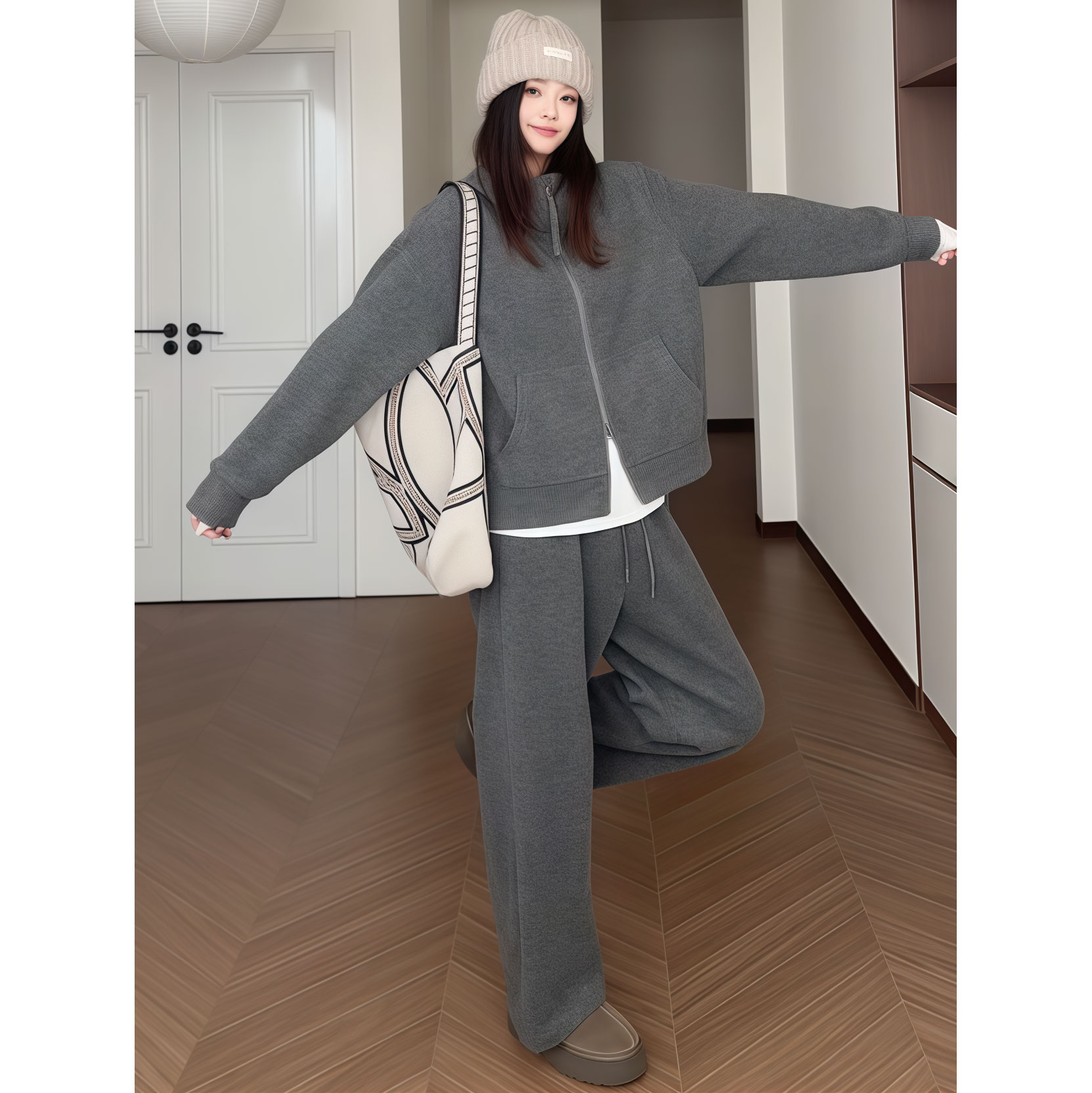 大码韩系双拉链连帽卫衣显瘦高腰直筒裤女秋休闲运动风穿搭两件套