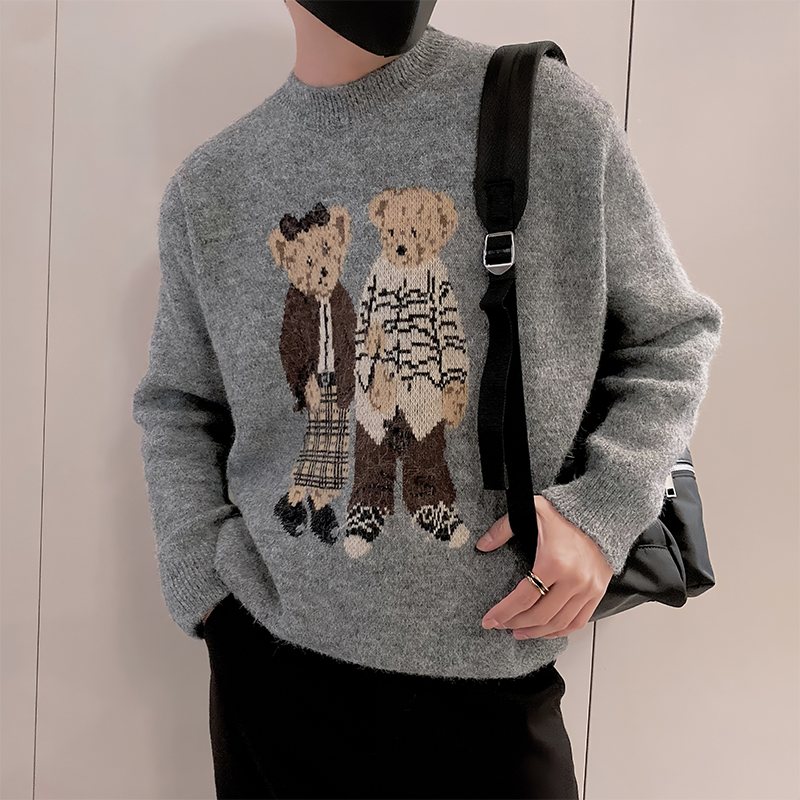 慵懒风冬季针织衫毛衣男高级感时尚提花长袖圆领打底衫加厚外套男