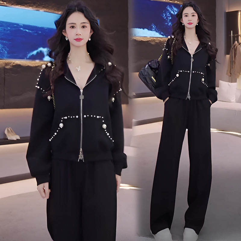 粉色休闲运动套装女2025年钉珠设计拉链开衫阔腿裤春秋穿搭一整套