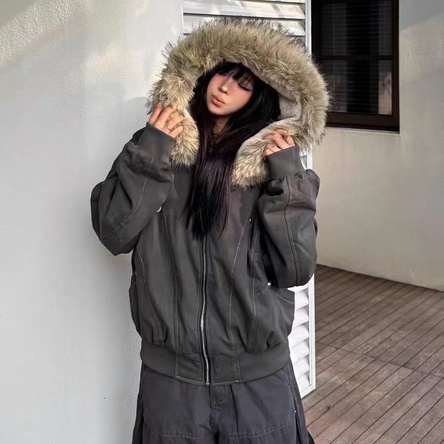 美式毛领纯色短款宽松型长袖修身型派克棉服ins韩版情侣外套冬季