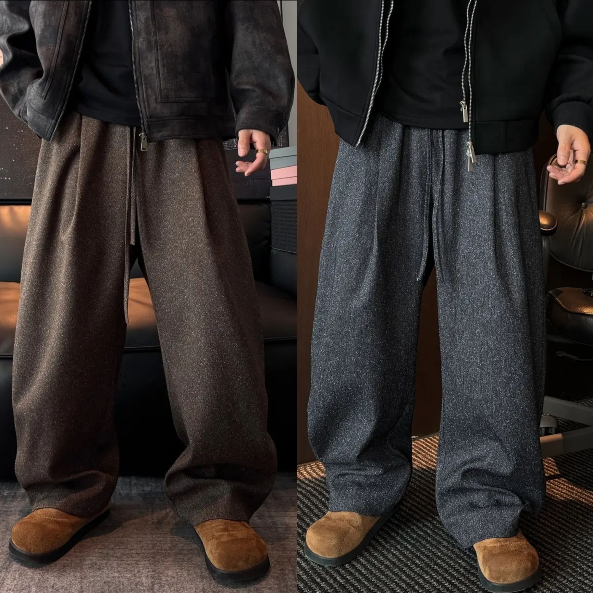 秋冬新款高档轻奢阔腿弯刀休闲裤男加厚保暖宽松百搭直筒休闲长裤