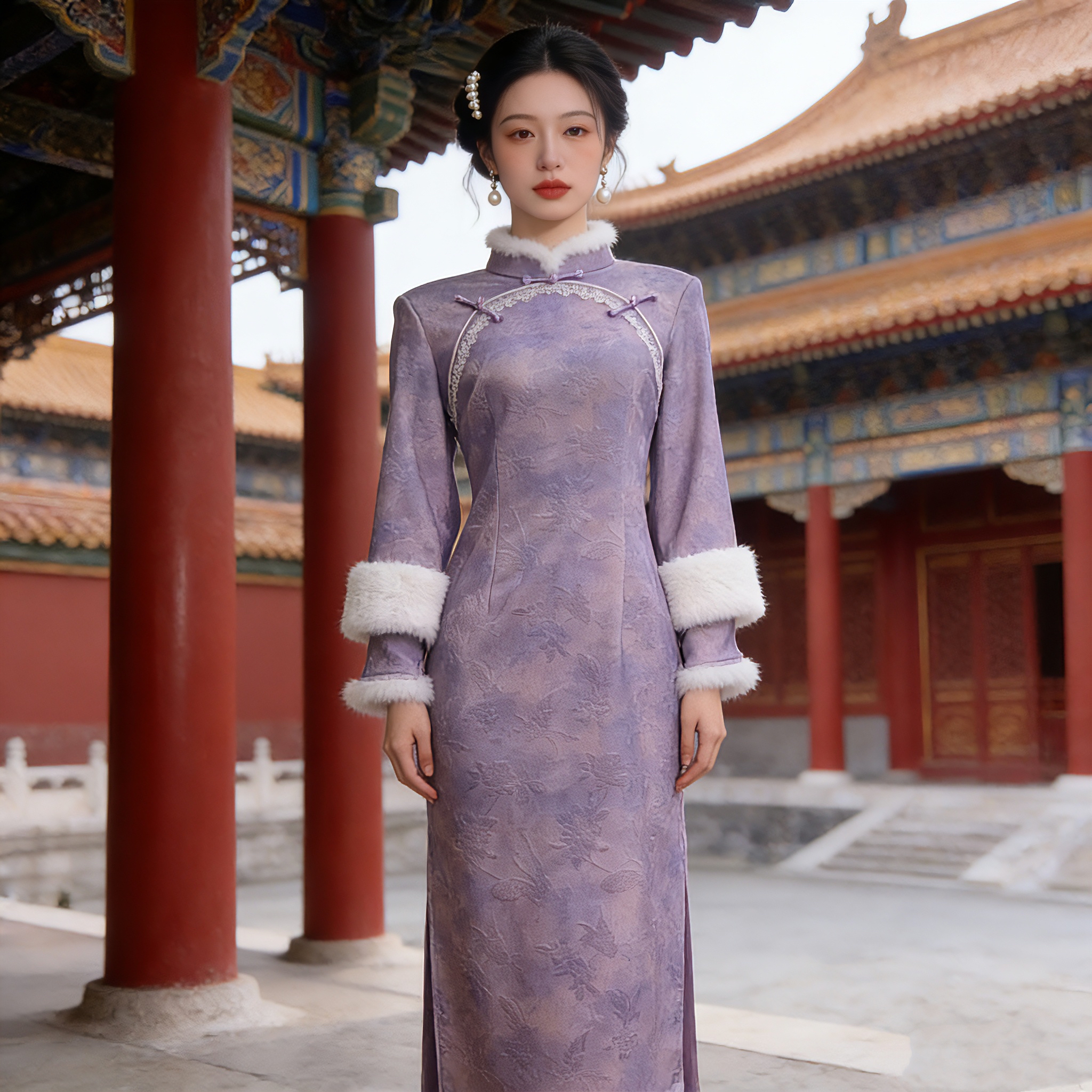 3363 锦葵紫 旗袍裙子女款爆款2025新款秋冬款冬季加绒加厚年轻版