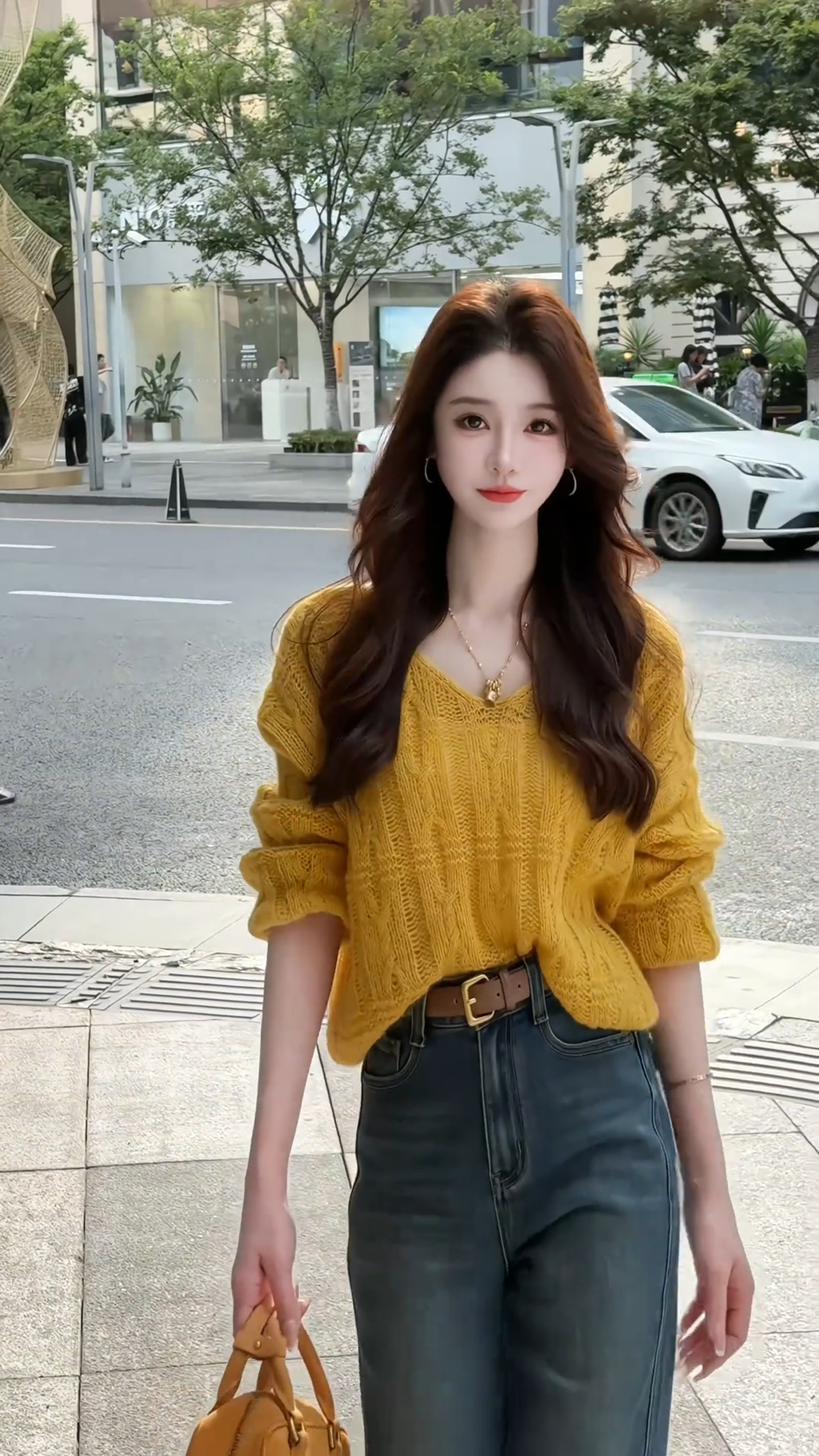 早秋季2025新款女装洋气时尚黄色针织上衣高腰显瘦牛仔裤子两件套