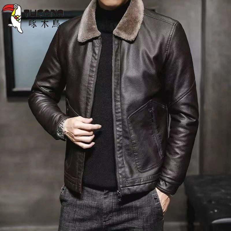啄木鸟男士皮夹克外套爆款2025新款秋冬季加绒保暖加厚皮衣爸爸装