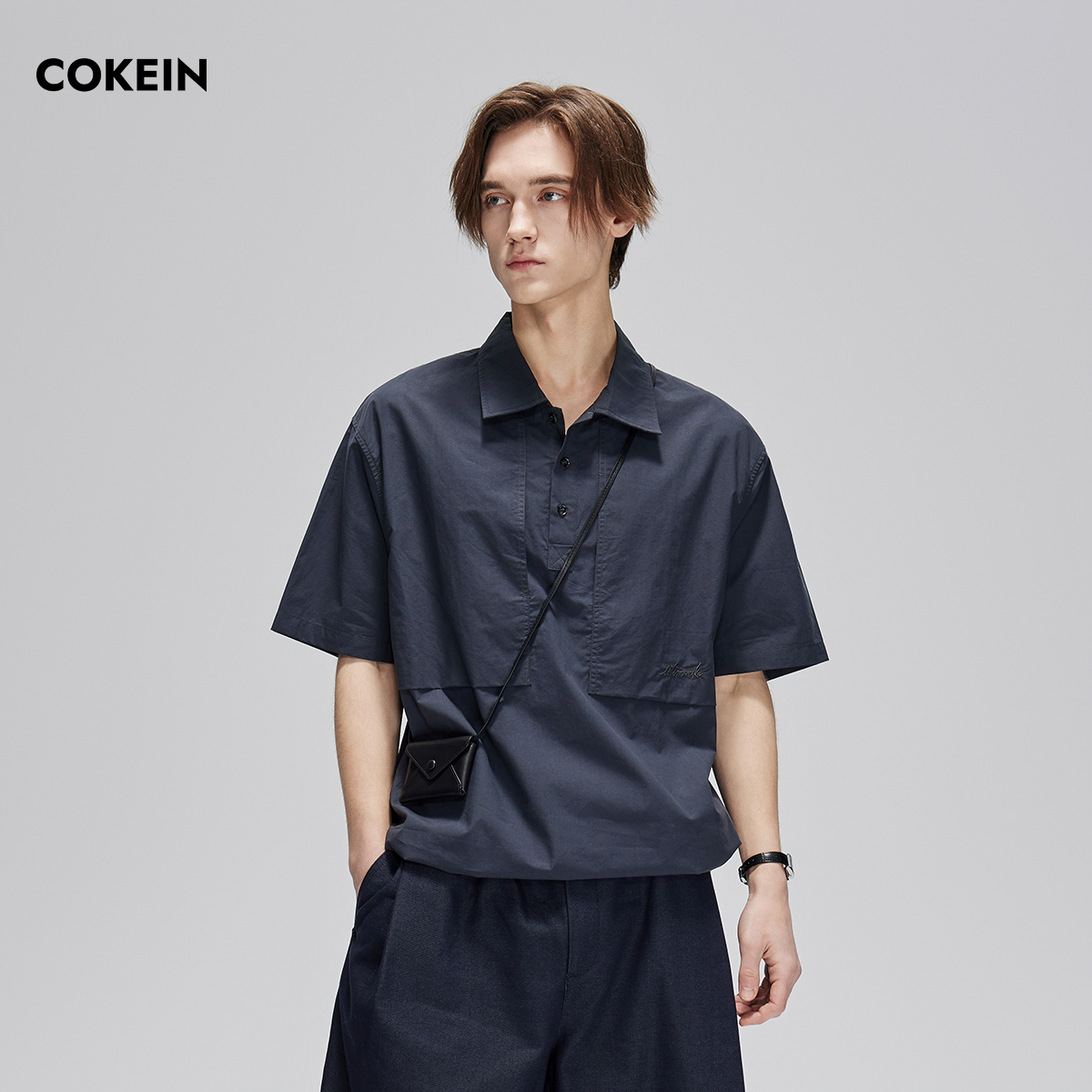 COKEIN短袖衬衫男2025年夏季刺绣基础全棉原创设计盐系少年感衬衣
