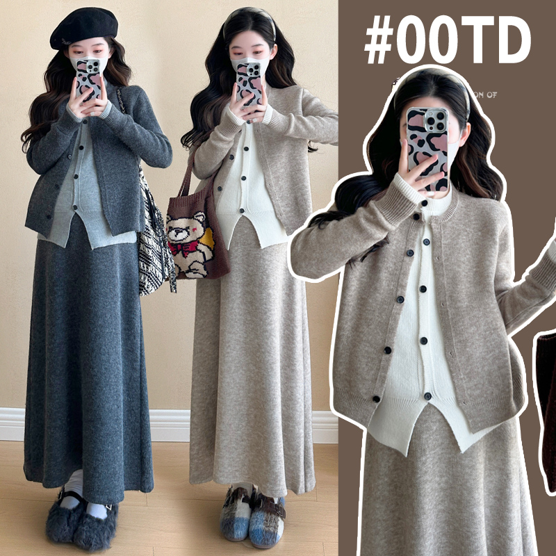 孕妇2025秋针织套装假两件套上衣 半身裙两件套