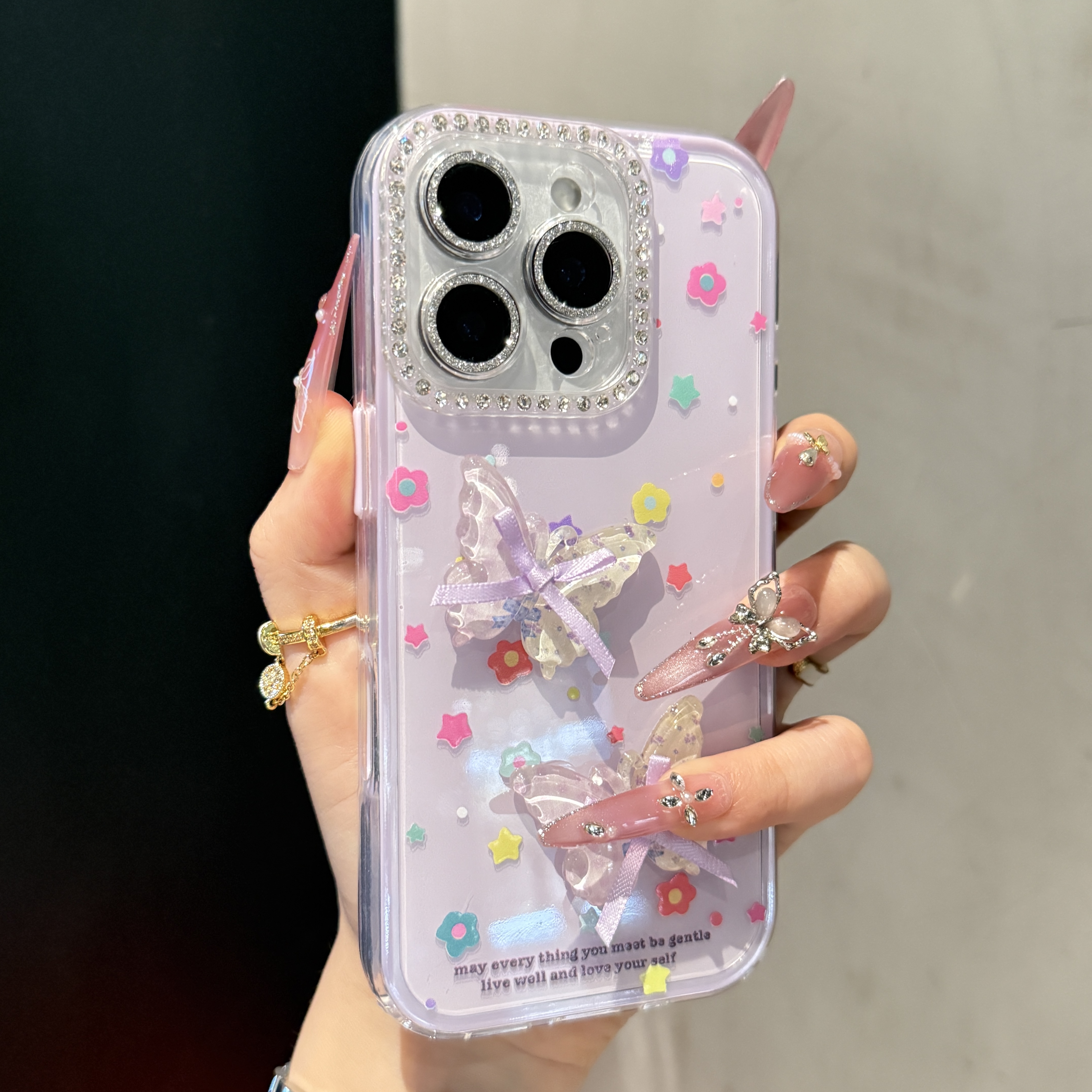 高颜值镶钻花朵立体彩色蝴蝶适用iPhone13/14/15/16手机壳女款