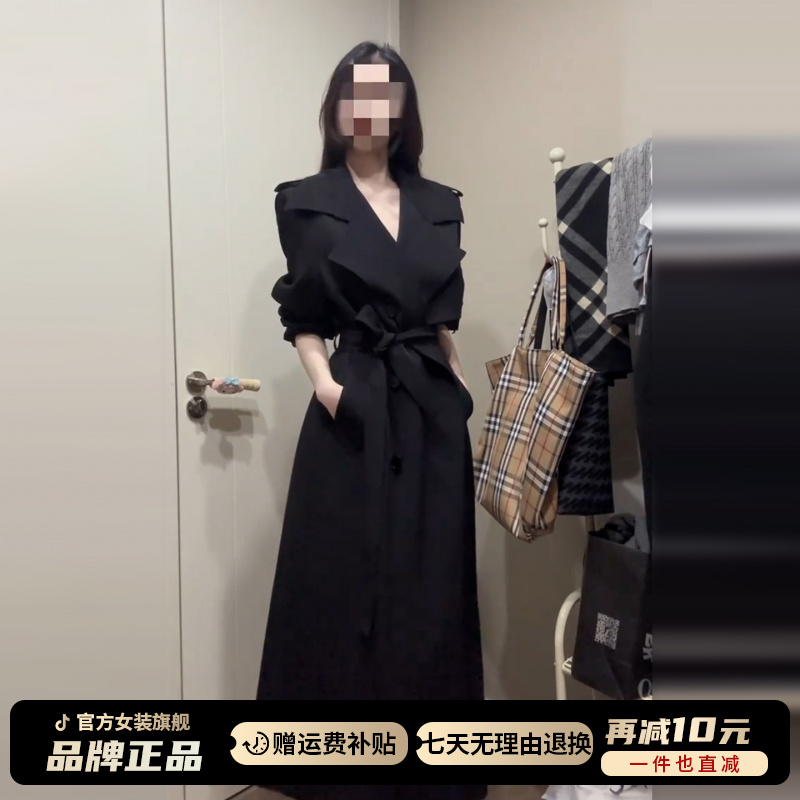 韩系高级感黑色长款风衣女秋冬季2025新款巨好看系带收腰大衣外套