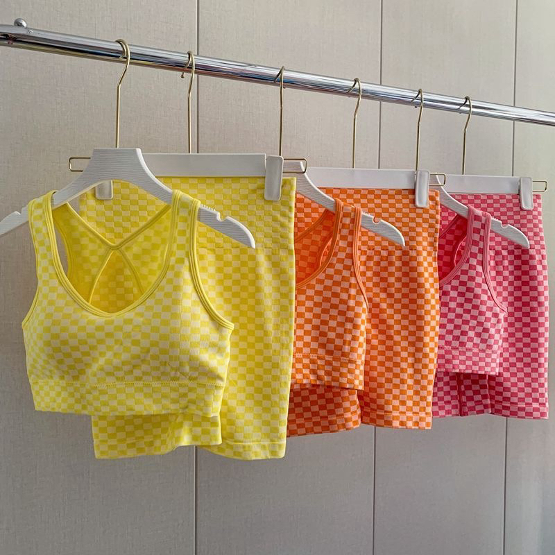 新款网红棋盘格子瑜伽服 防震背心跑步健身运动内衣薄款透气套装