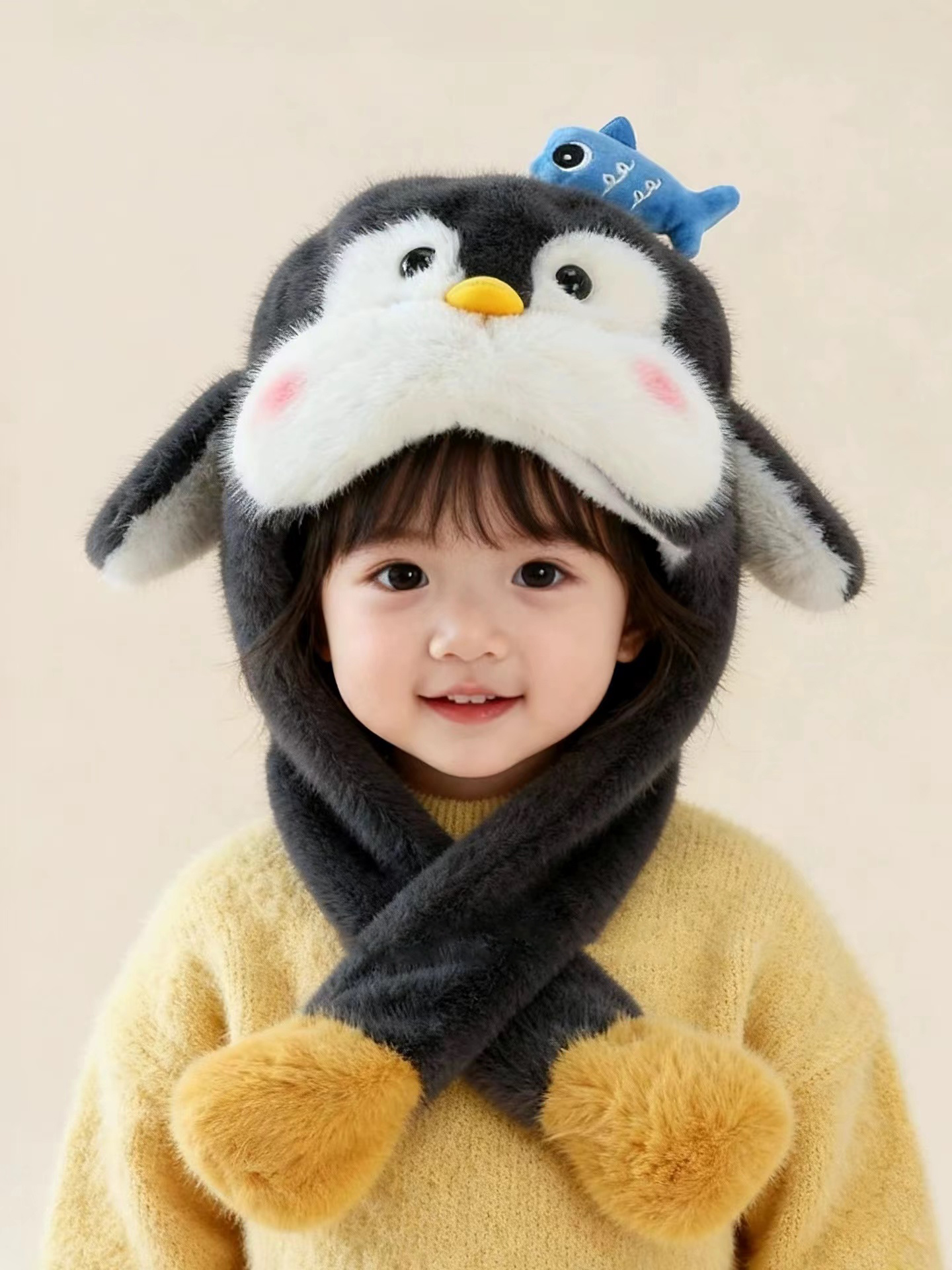 儿童企鹅捏捏会叫冬季加厚保暖帽子男女童可爱帽子围巾一体两件套