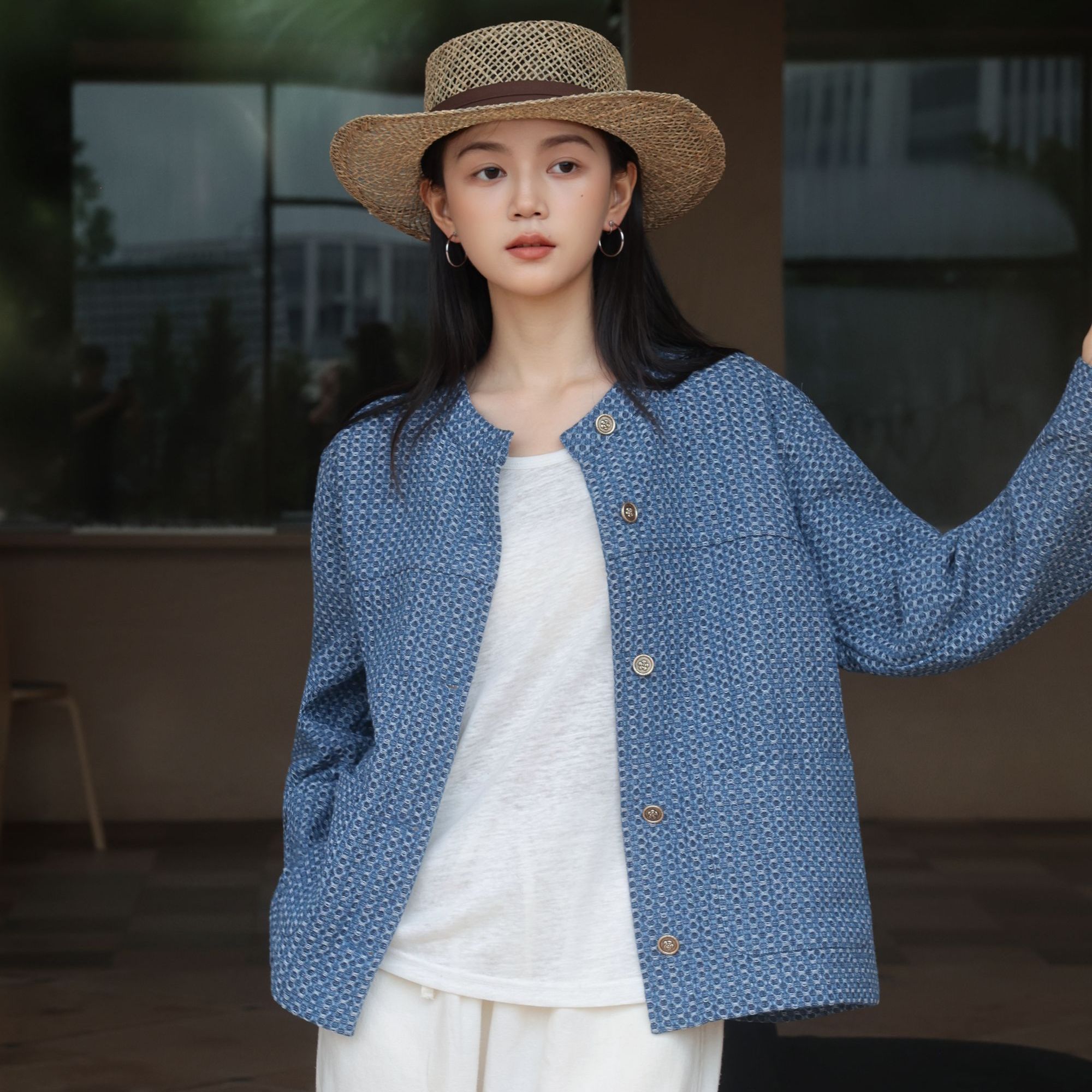 麻享【暗纹提花牛仔外套】肌理感小香风提花休闲女士短外套FSY50938