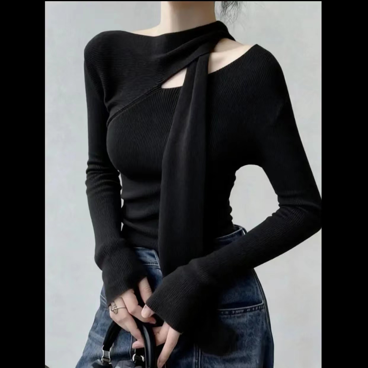 秋季独特超好看单穿上衣法式小众设计感洋气减龄通勤风黑色针织衫