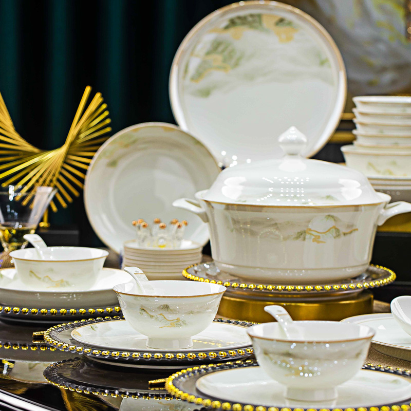 江山如画64+52景德镇陶瓷餐具碗盘家用全套乔迁餐具套装中式骨瓷