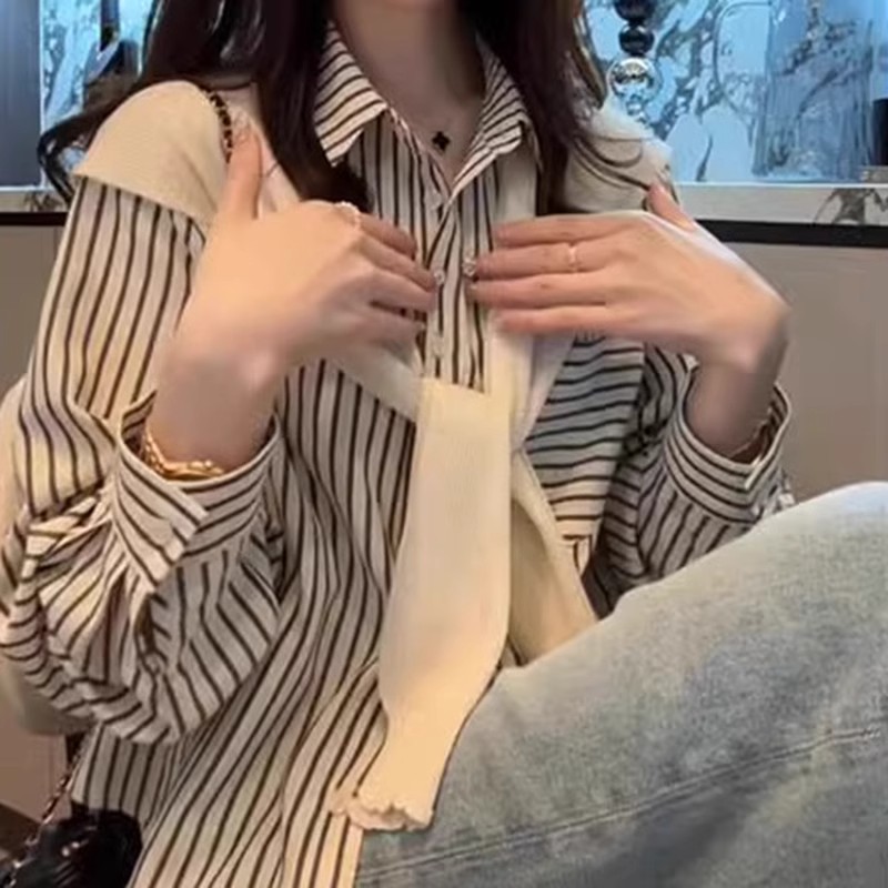 法式气质条纹衬衫上衣女2025春季新款设计感小众宽松百搭长袖衬衣