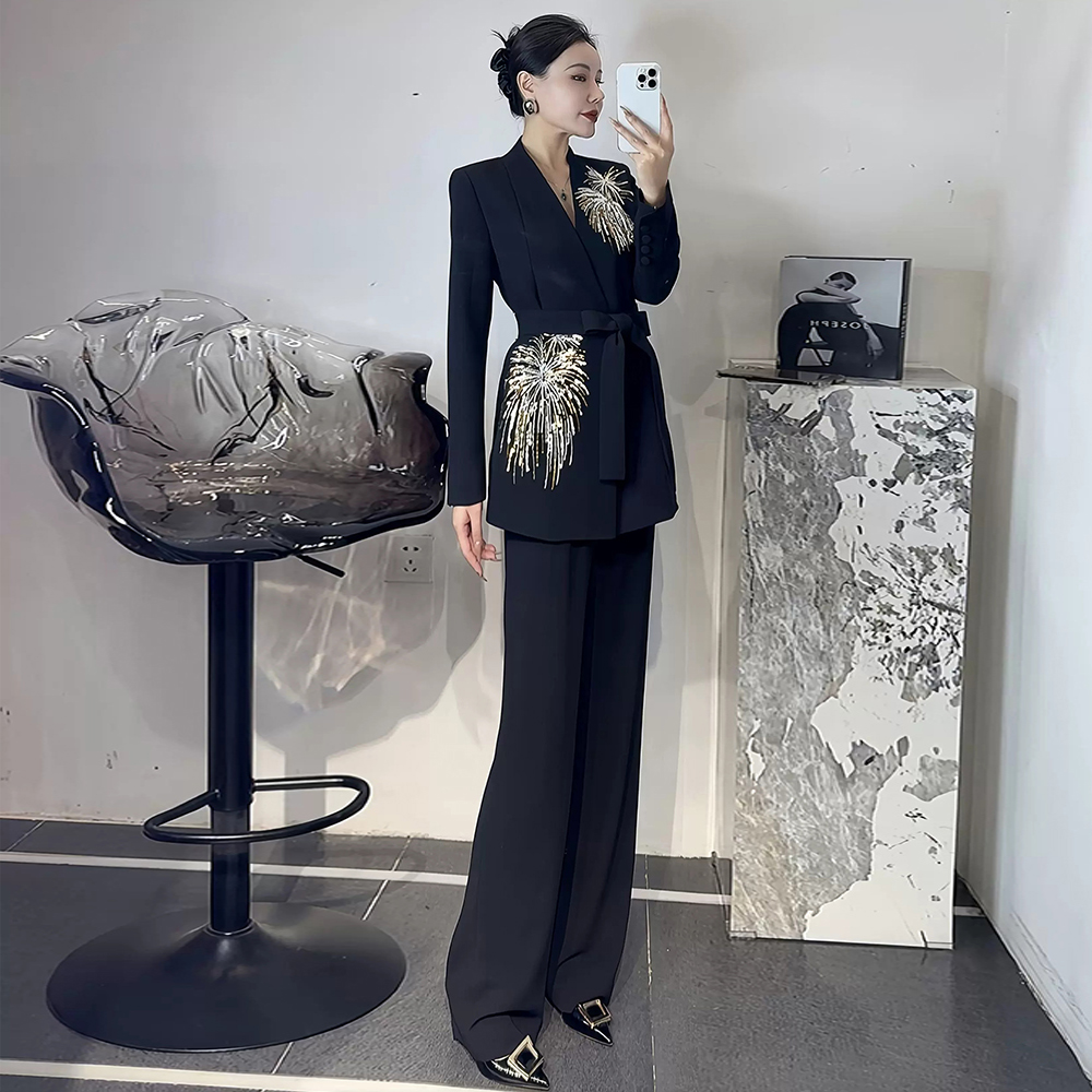 2025春秋高定西装套装设计感烟花钉珠绑带西服阔腿裤时髦两件套女