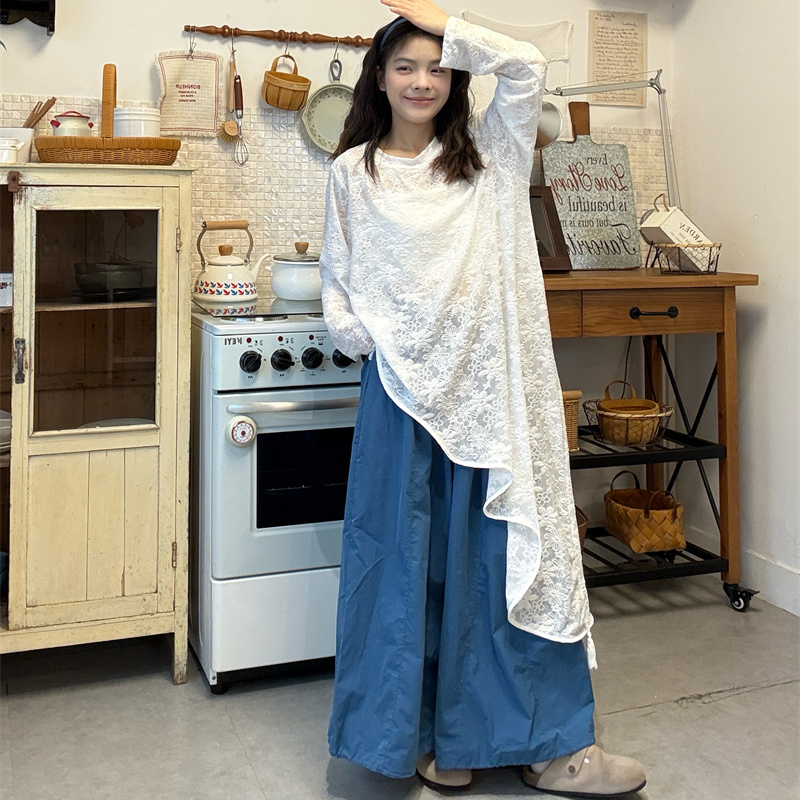 大码女装胖mm秋季复古套装女斜边镂空刺绣花纹T恤裙长袖圆领上衣