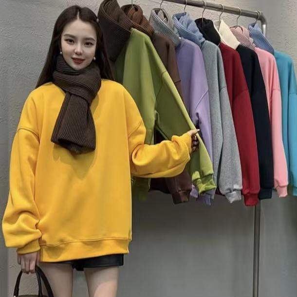 PPG2863秋冬新款韩版糖果色加绒款净版圆领卫衣撞色围巾两件套