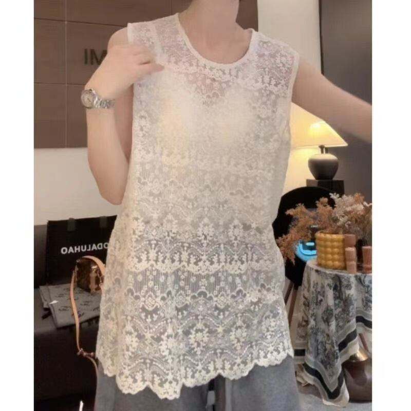 【轻奢时尚】新款气质显瘦欧若风百搭圆领镂空无袖蕾丝打底背心
